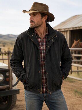 Outback Trading Co Oilskin Bomber Jacket Mens M Black Western Ranch Barn Coat